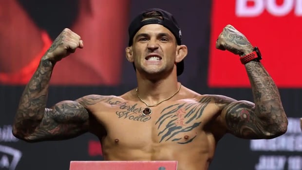 Dustin Poirier poses during a ceremonial weigh in for UFC 264 at T-Mobile Arena on July 09, 2021 in Las Vegas, Nevada.