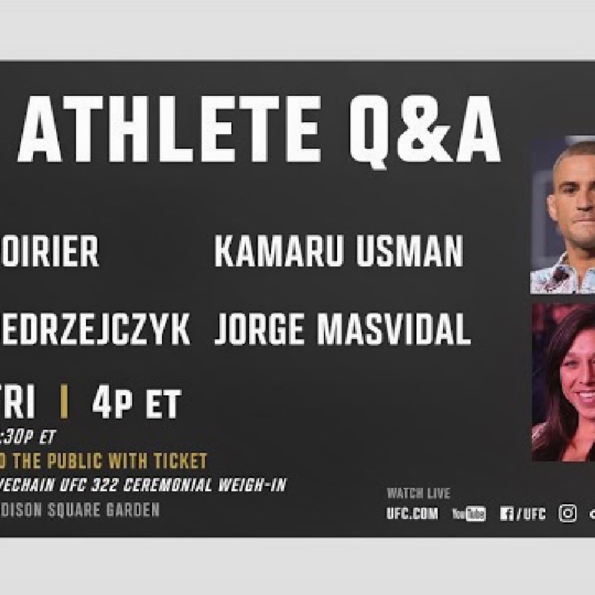 UFC 322 Athlete Q&A featuring Poirier, Usman, Jedrzejczyk, and Masvidal -  MMAWeekly.com | UFC and MMA News, Results, Rumors, and Videos
